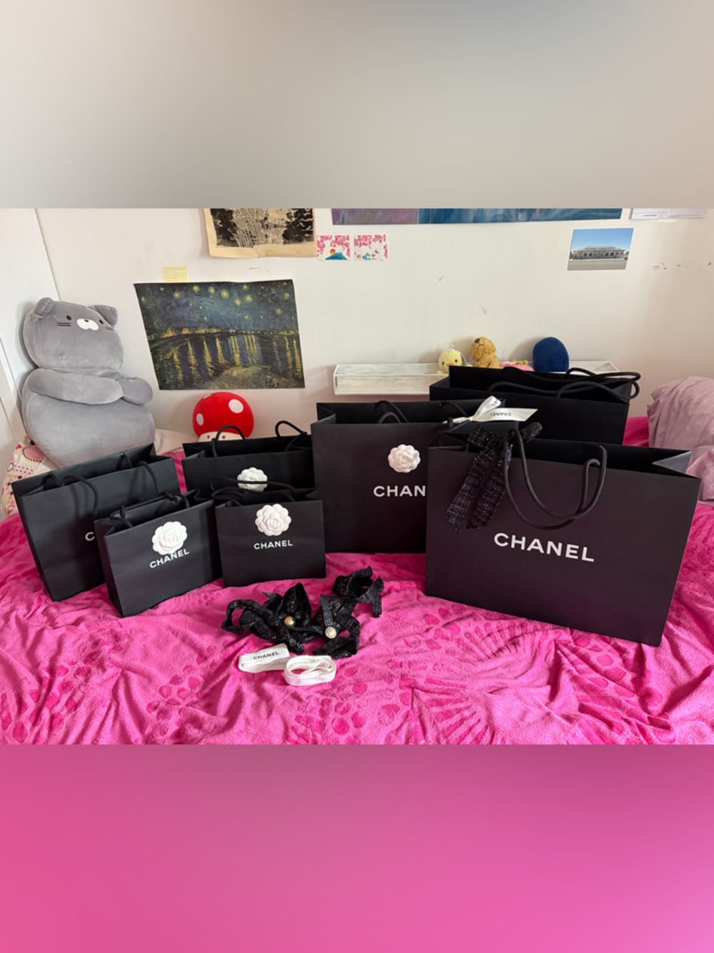 CHANEL Black with White Camellia Accent Paper Bags